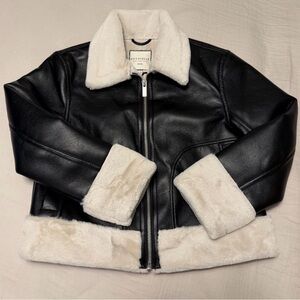bagatelle Black Faux Leather Jacket with Cream Shearling Trim